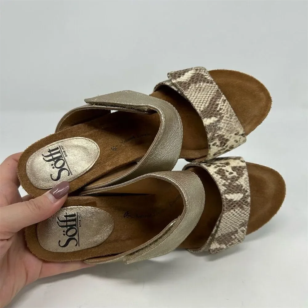 Söfft Women's Gold Metallic Snake Print Wedge Strappy Sandals Size 7 Summer